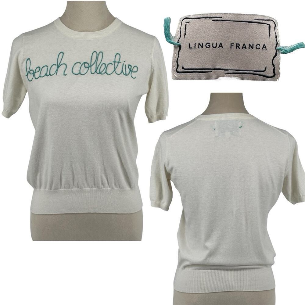 Lingua Franca Cashmere Blend S/S Sweater Womens Sz S Embroidered Beach Collectiv